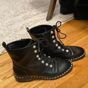 Black Lace up Boots with Pearls